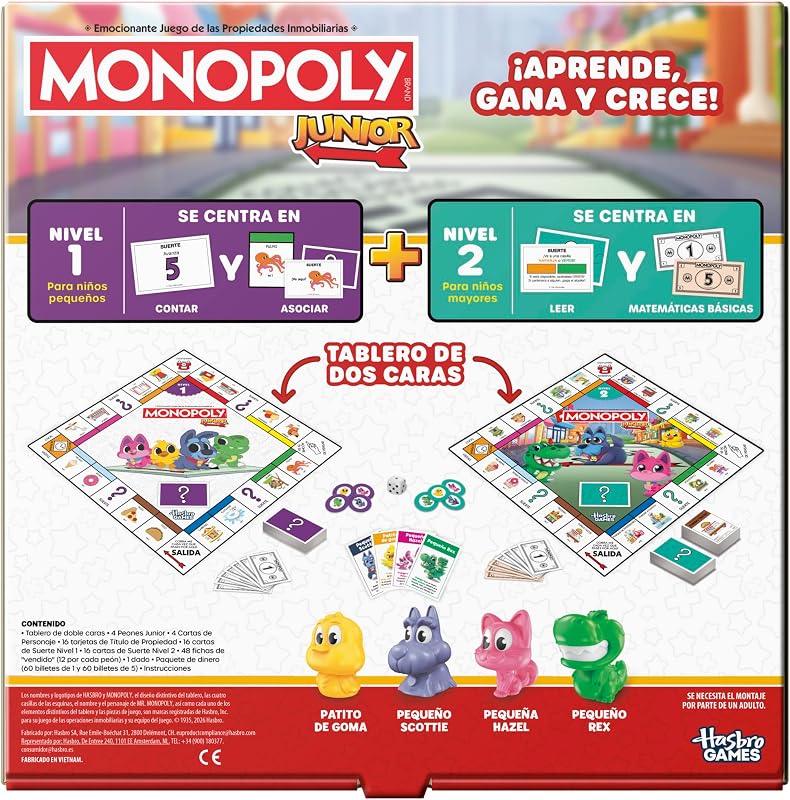 Jogo de Tabuleiro Junior Monopoly (Edição 2026) | 2 Jogos em 1 para Crianças Pequenas, Tabuleiro de 2 Lados | Desde os 4 anos | 2-4 Jogadores | 20 min. | Presentes para Pré-Escolares - Versão Espanhola