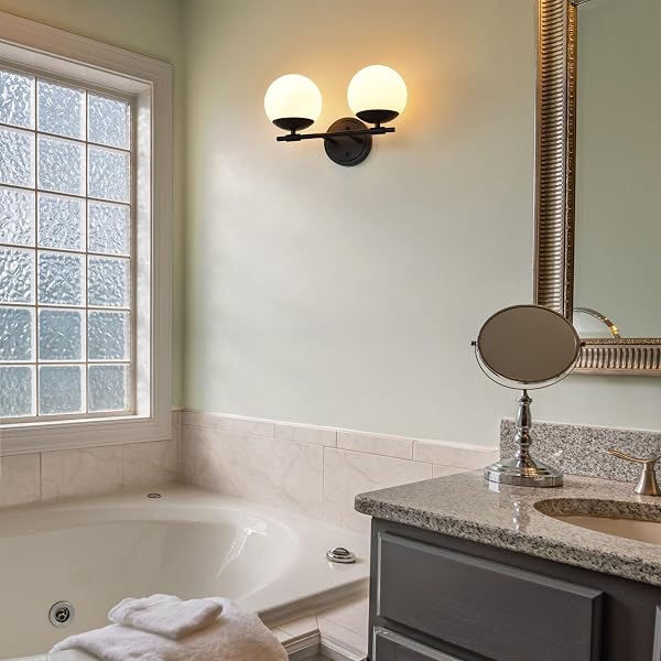 NTSUNXEKO BLACK BATHROOM VANITY LIGHT FIXTURES, 2 LIGHT GLOBE WALL SCONCE LIGHTING OVER MIRROR, MODERN VANITY LIGHTS FOR BATHROOM, MIRROR CABINETS HALLWAY STAIRS, STANDARD E26 BASE, MATTE BLACK