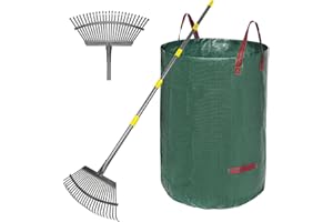 Serqd Adjustable Garden Rake for Leaves 36-73" Long Handle, 18" Wide, Heavy Duty with 25 Metal Tines ，Includes 32Gallon Leaf Bags，Designed for Lawns, Grass, Shrubs ，Flower Beds