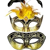 MYSEUNI Masquerade Mask for Couple with Feathers - Womens Feather Carniva Masks & Men Venetian Mask for Halloween, Christmas