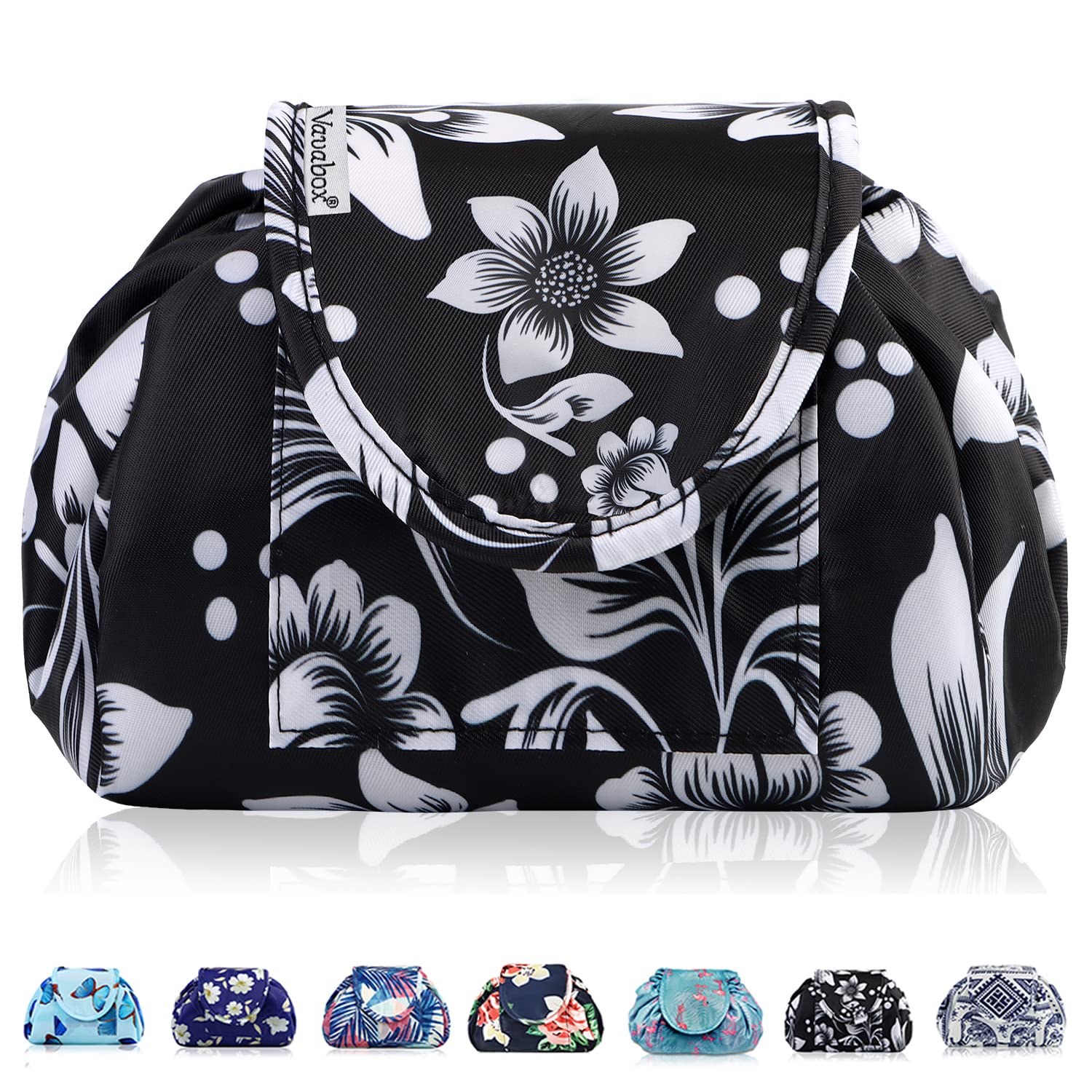 Lazy Drawstring Makeup Bags, Large Capacity Waterproof Travel Portable Cosmetic Bag Pouch Makeup Pouch Storage Organiser for Women Girl (Black Floral)