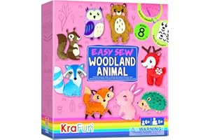 KRAFUN Easy Sewing Kit for Beginner Kids Arts & Crafts, 8 DIY Projects of Stuffed Dolls of Woodland Animals, Bear, Bunny, Fox