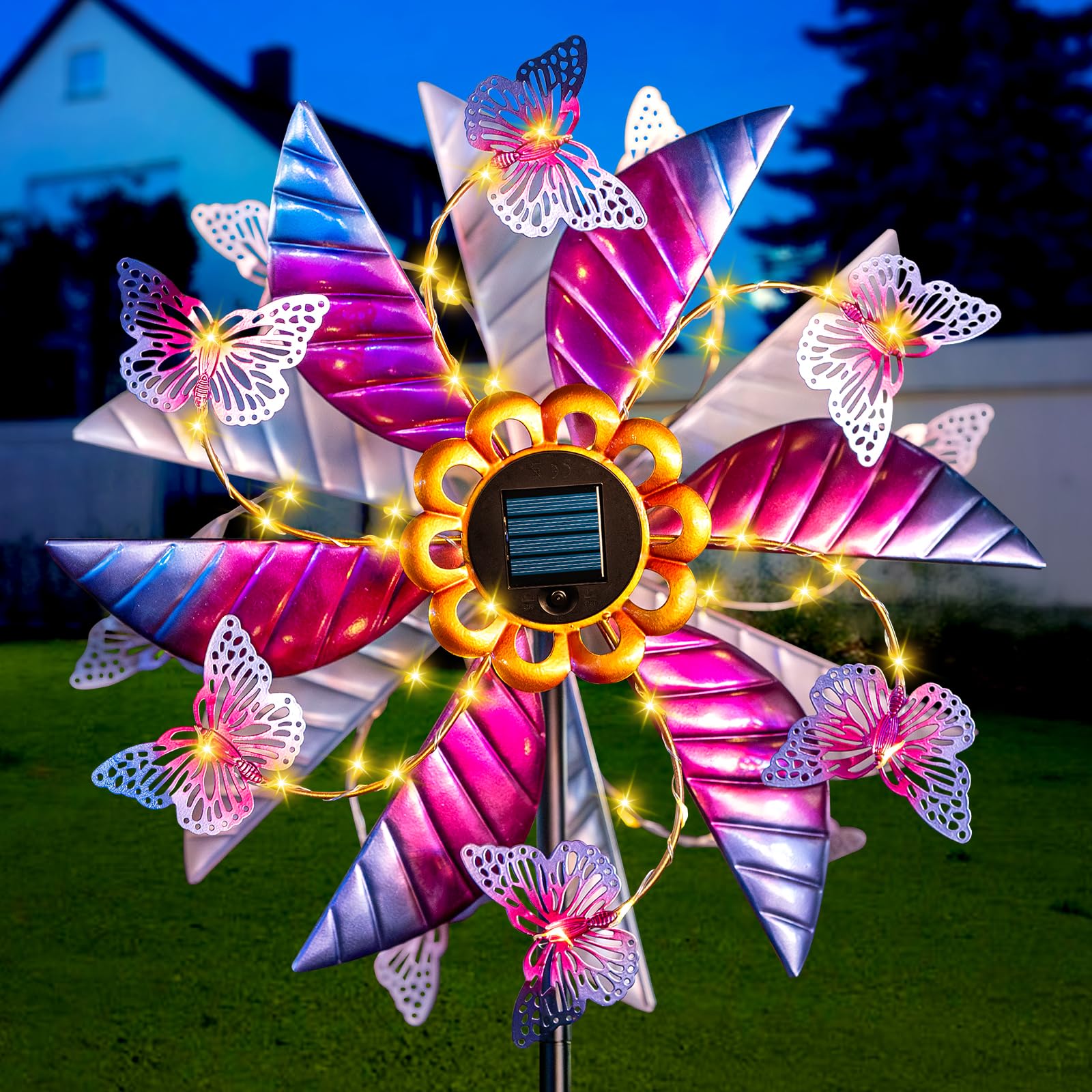 Photo 1 of Solar Wind Spinner Outdoor, 360° Metal Large Butterflies Wind Sculpture with Outdoor Kinetic Windmills with Vine String LED Lights for Decor Garden Patio, Lawn & Yard