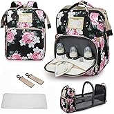 GurZinn Diaper Bag Backpack Waterproof Baby Bag Large Capacity Multifunction Nappy Bags Floral Insulated Durable Travel Maternity Back Pack with Changing Station for Baby （Black）