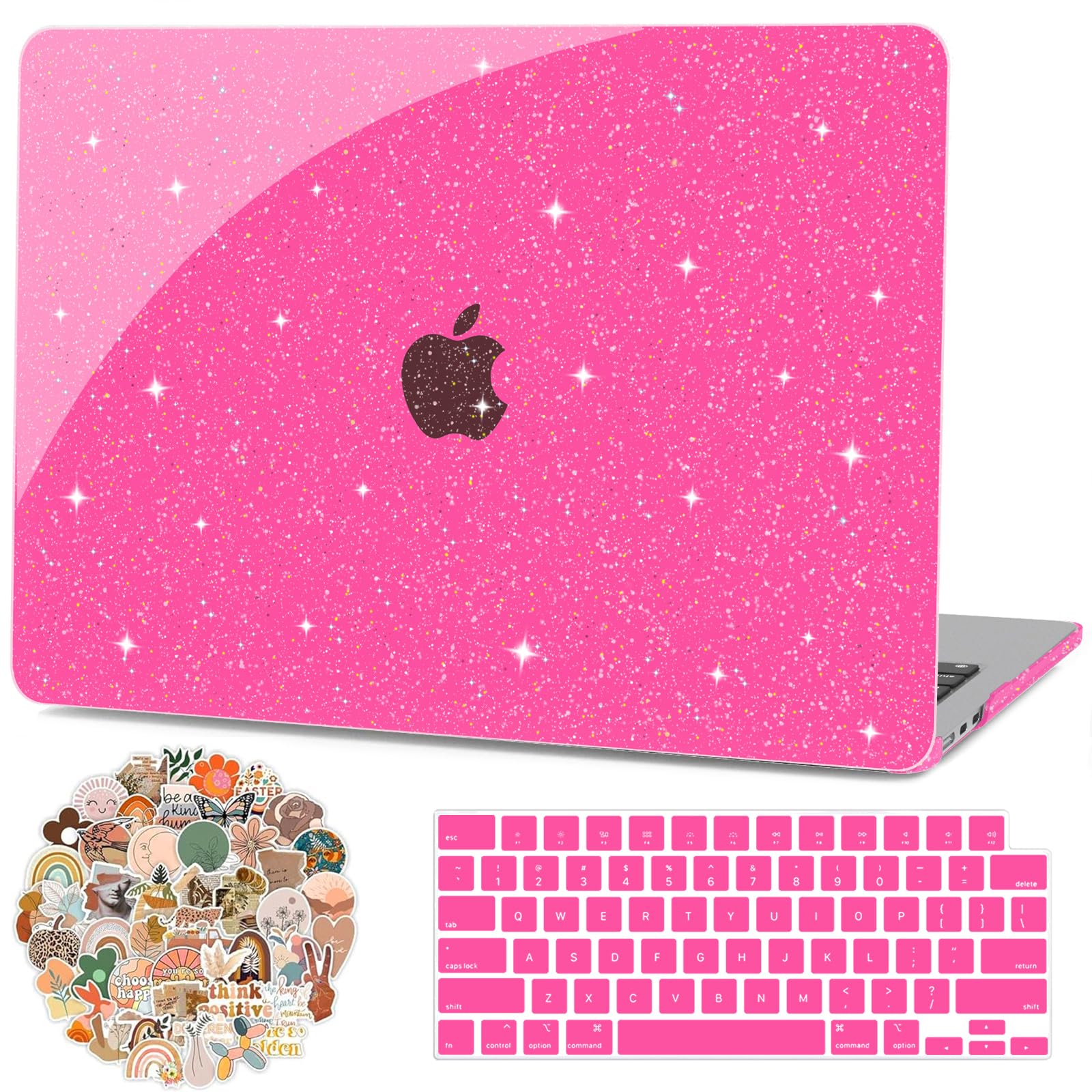 Photo 1 of G JGOO Compatible with MacBook Air 13 inch Case 2025-2022 Release M4 A3240 A3113 M2 A2681, Glitter Hard Shell for MacBook Air 13.6 inch Case + Keyboard Cover + Laptop Stickers, Hot Pink