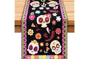 KREYFER Day of The Dead Table Runner 72 x 13 Inch Decorations, Dia De Los Muertos Sugar Skull Mexican Fiesta Carnival Table Cover Decor, Rustic Linen Altar Themed Party Supplies for Home Kitchen Dining Mantel
