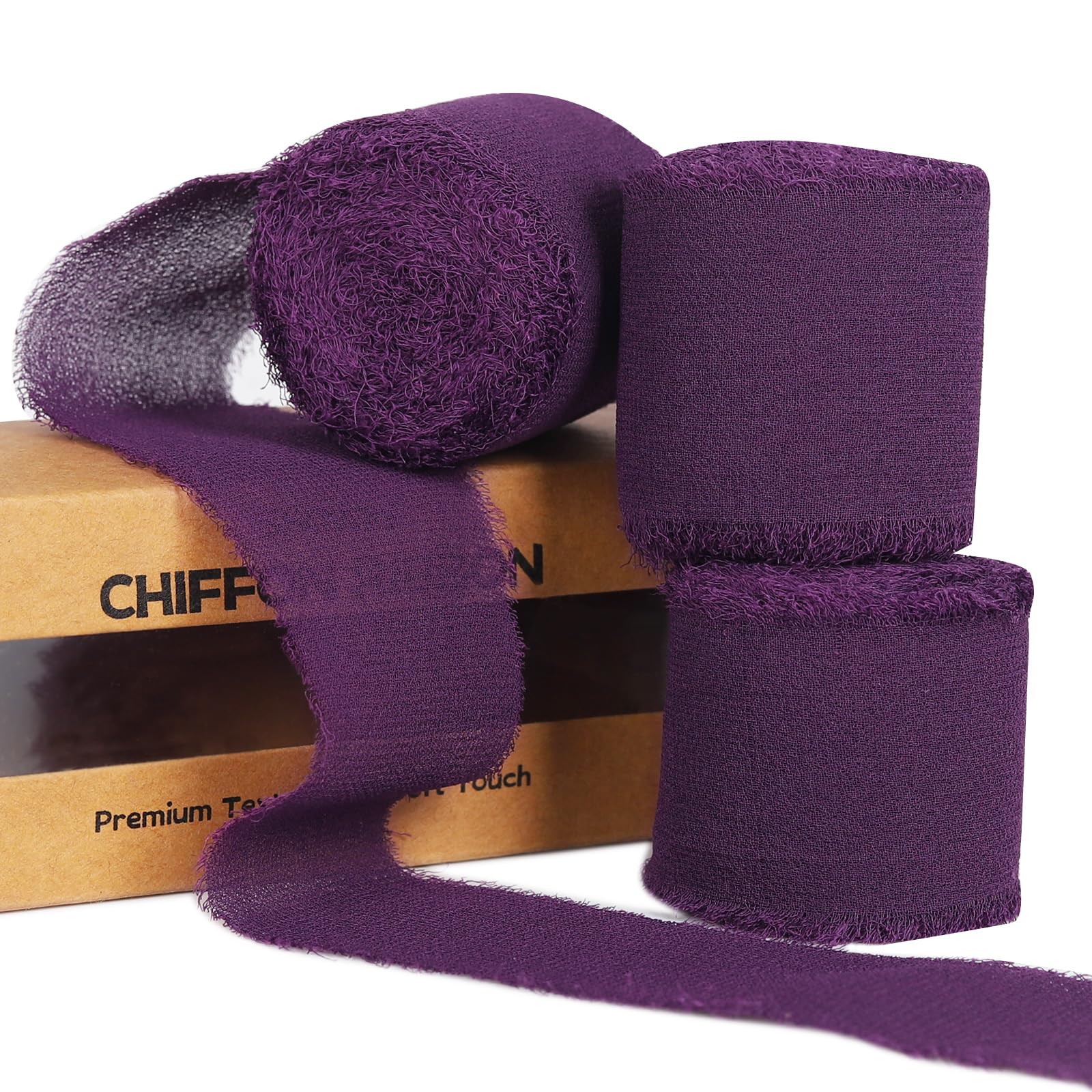 Photo 1 of 3 Rolls Purple Handmade Fringe Chiffon Ribbon 1.5" x 7Yd Colorful Silk-Like Ribbon for Bouquets Wrapping Decor Wedding Tie Invitations Crafts