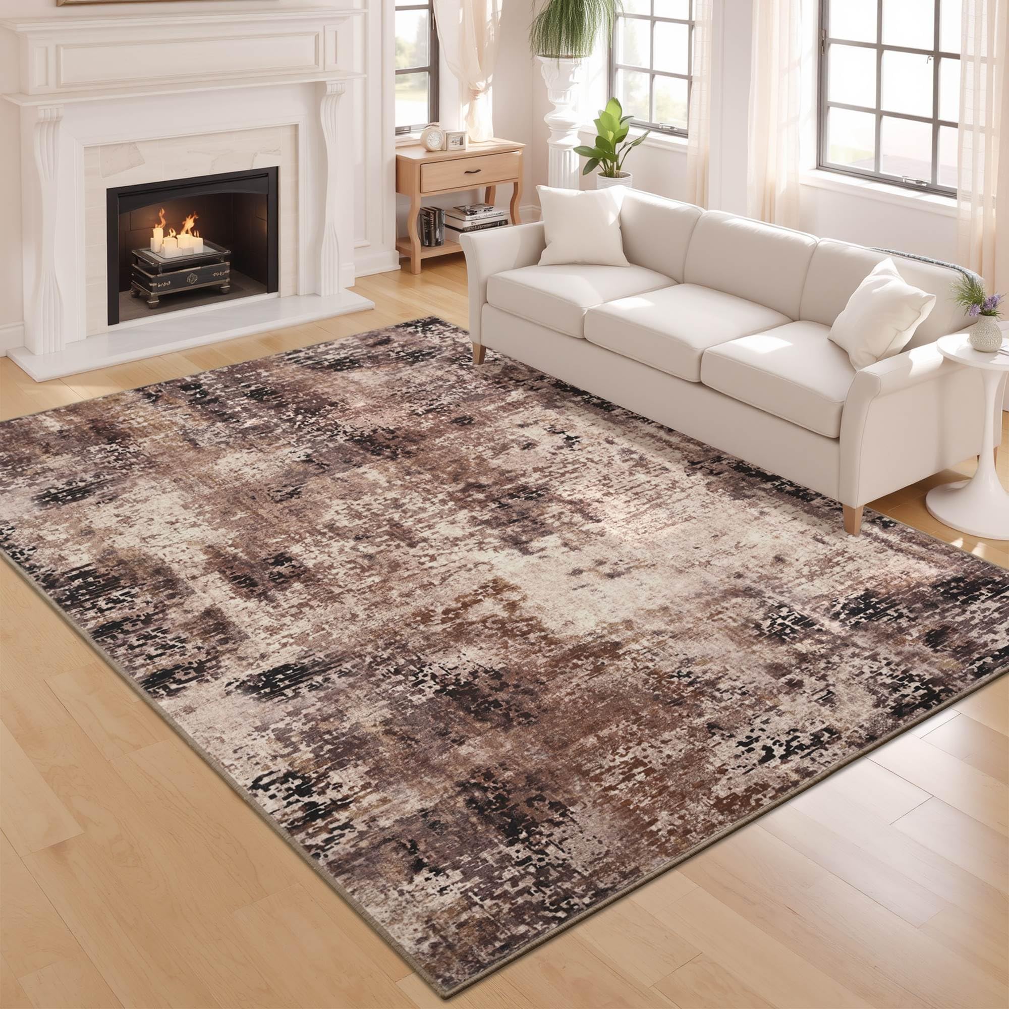 Photo 1 of Living Room Rugs 6x9 Brown Washable Area Rug, Abstract Modern Bedroom Rugs Non Slip Stain Resistant Neutral Large Coffee Carpet for Nursery, Dining, Kids Playroom, Dining Room, Office