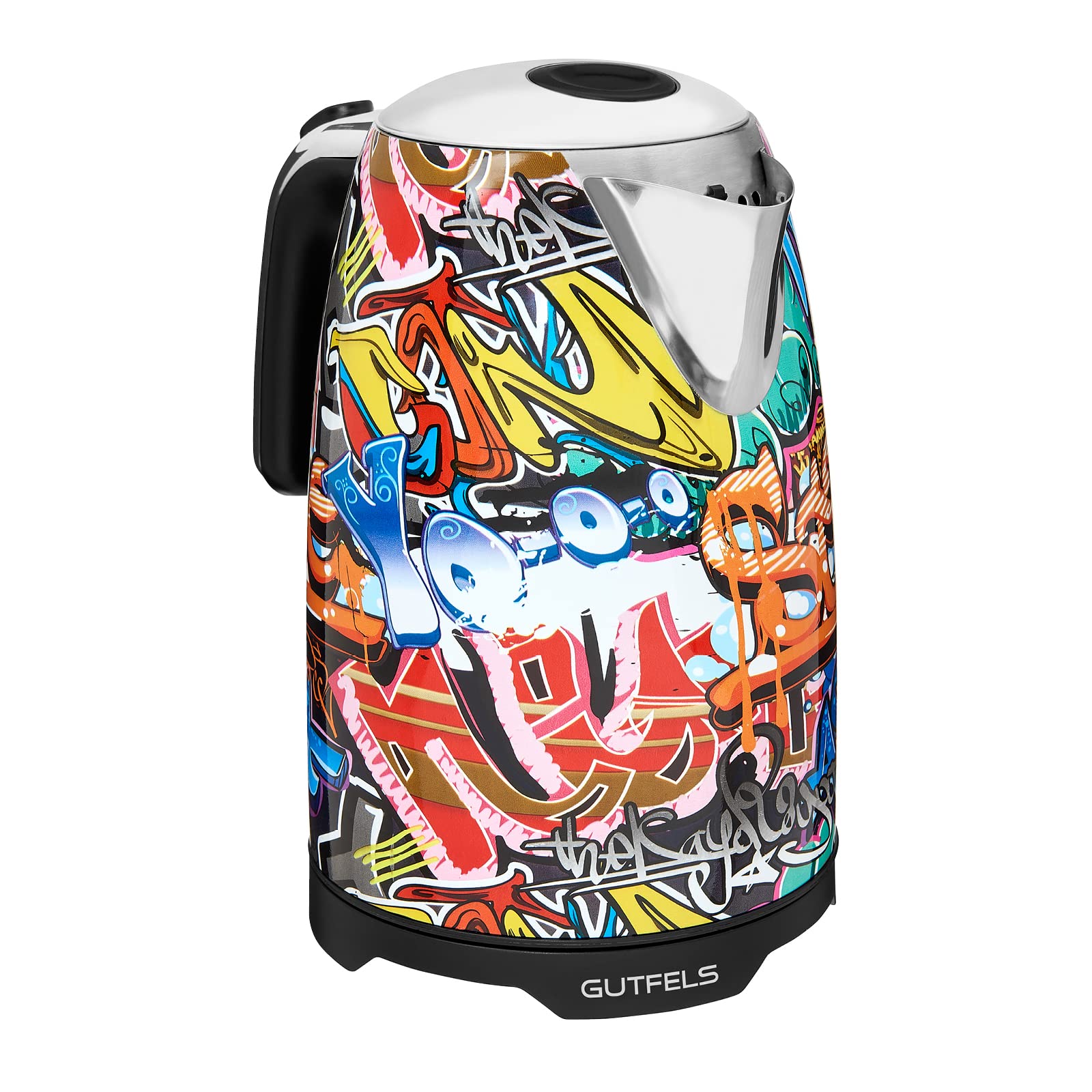 GUTFELS Wasserkocher Bunt WATER 3010 G – Graffiti-Style Design, 1,7 Liter, 2200 Watt, Kalkfilter, Uberhitzungsschutz, Trockengehschutz, 360-Grad-Sockel 4