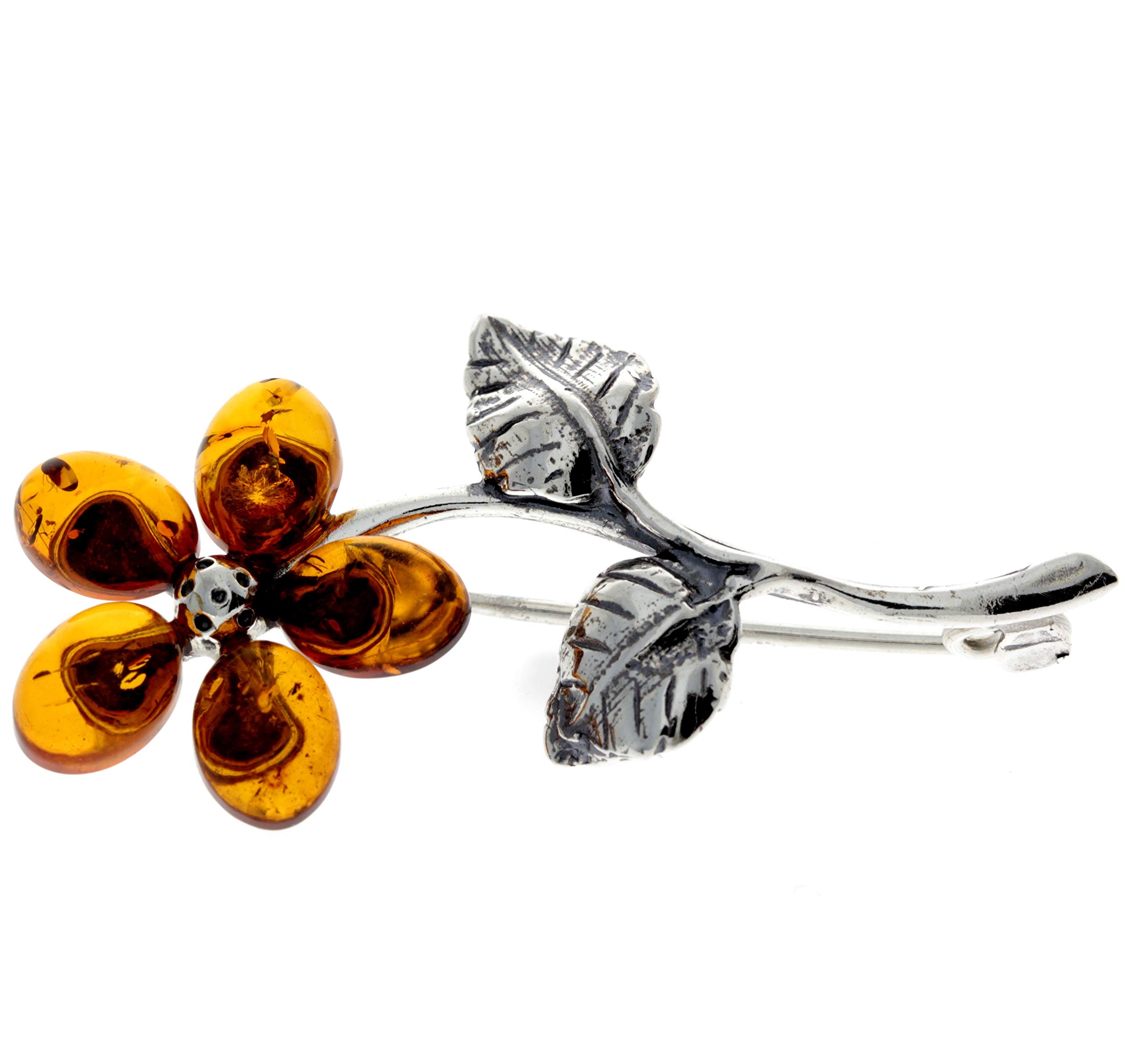 SilverAmber Jewellery Genuine Cognac Baltic Amber & Sterling Silver Exclusive Flower Brooch - 4015C — image 1