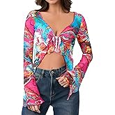 Milumia Women's Tie Dye Knot Front Crop Top Mesh V Neck Bell Sleeve Y2k Going Out Tops