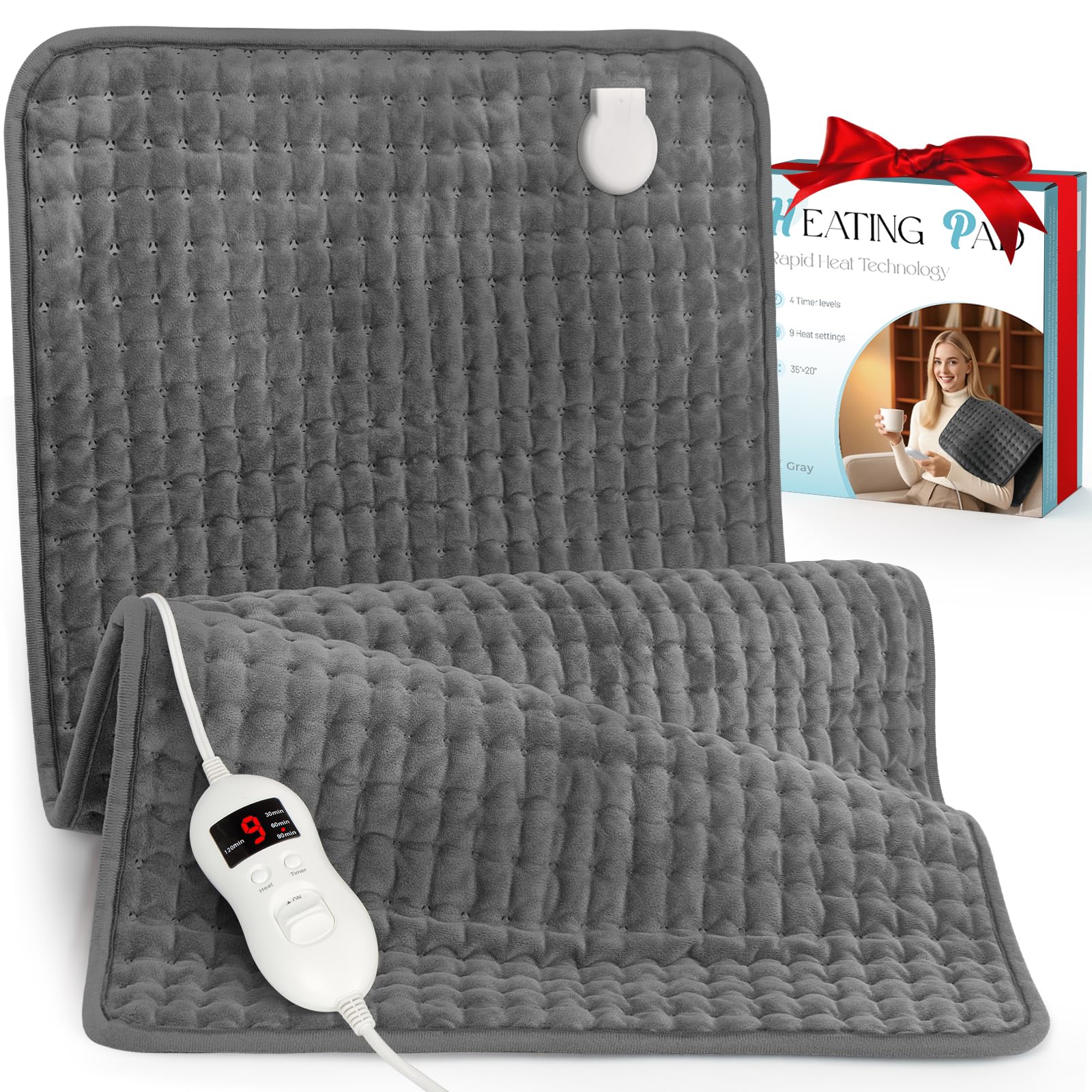 Photo 1 of Extra Large Heating Pad for Back Pain Relief, 35"x20" Electric Heat Pads for Period Cramps & Body Shoulder, 9 Heat Settings, Auto-Off, Machine Washable, Dry Moist Heat, Gifts for Women Men, Gray