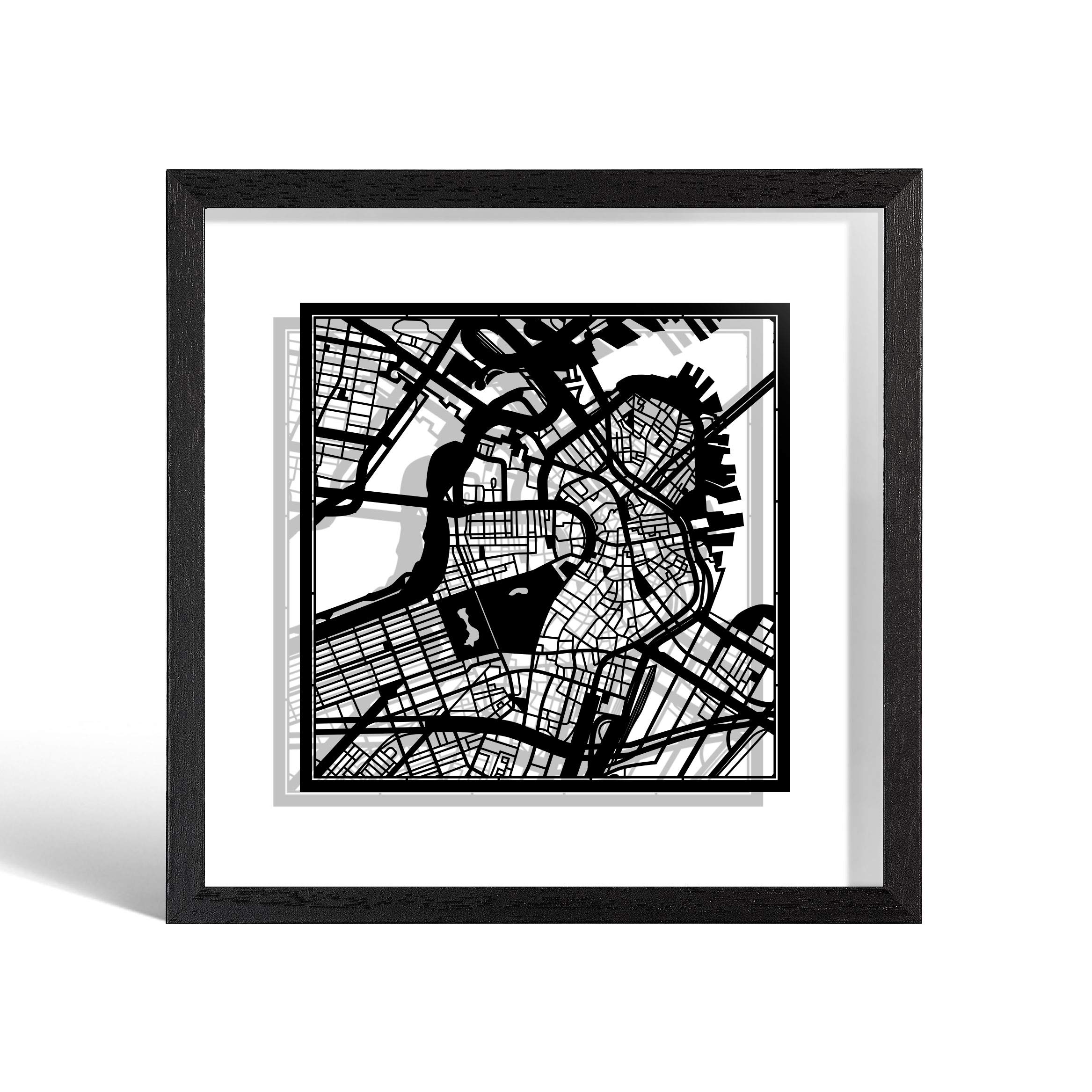 O3 DESIGN STUDIO Boston Paper Cut Map framed, Black map, Black frame, 9x9 inches, Gift Boxed, 2 background color, self-changing, Paper Art