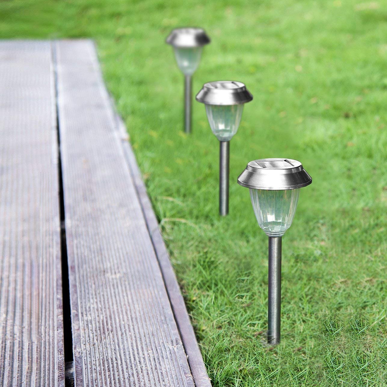 Solar Pathways Lights Makes Garden Path & Flower Beds Look Great; Drunze 4PCS Stainless Steel Patio Lighting, Easy NO-WIRE Installation;Any-Weather/Water-Resistant