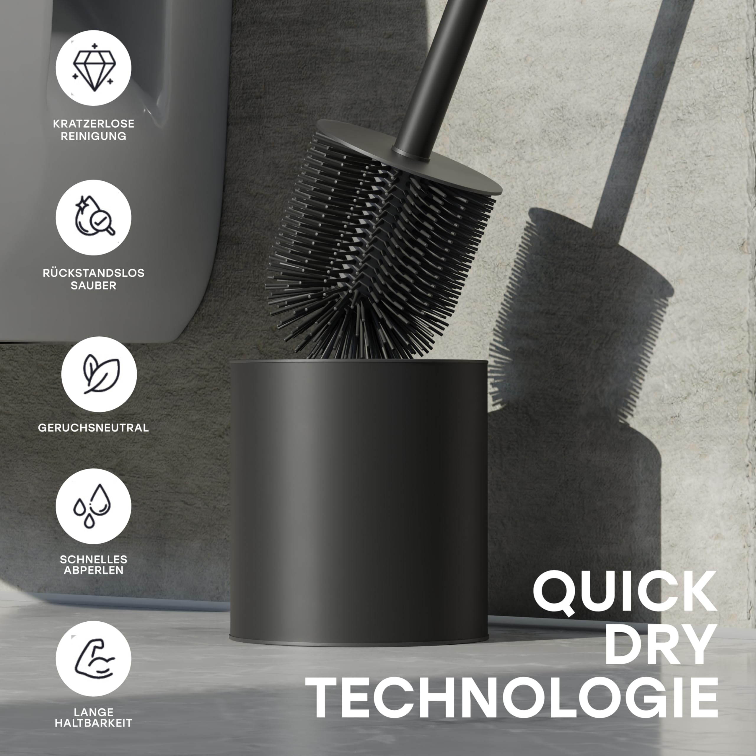 SAVEGA - Klobürste Silikon Edelstahl - Antibakterielle Toilettenbürste mit stilvollem WC Bürstenhalter - Design WC Bürste Silikon mit Spritzschutz - Klobesen - Toilet Brush (Schwarz) 8
