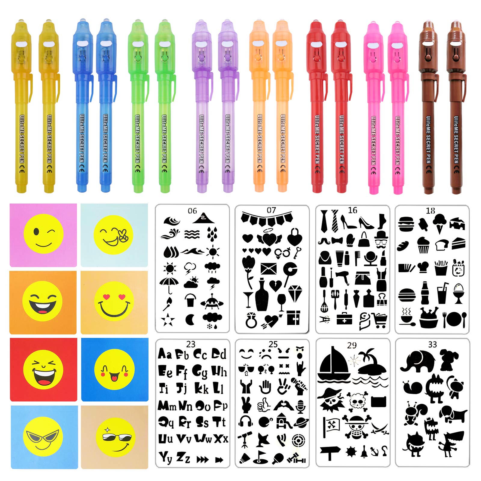 Ulifeme 16pcs UV Pens + 8pcs Small Notebook + 8 Kinds of Drawing Stencils Set for Kids Party, Spy Magic Secret Pen with Invisible Ink and UV LED Light, Gift Toy Kit for Birthday Party & Kids Favours