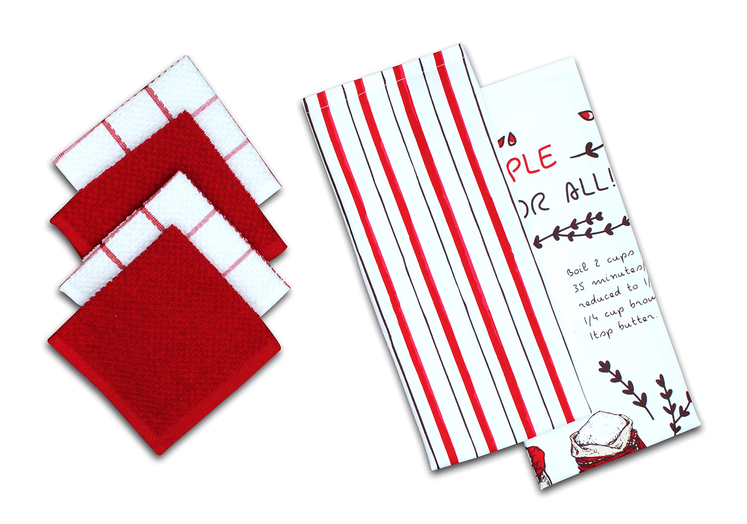AMOUR INFINI Blooming Floral 6 Pack Kitchen Set | 2 Decorative Kitchen Towels (45 x 70 cm) and 4 Terry Dishcloths (30 x 30 cm) | 100% Cotton Machine Washable | Super-Soft and Ultra Absorbent | Red