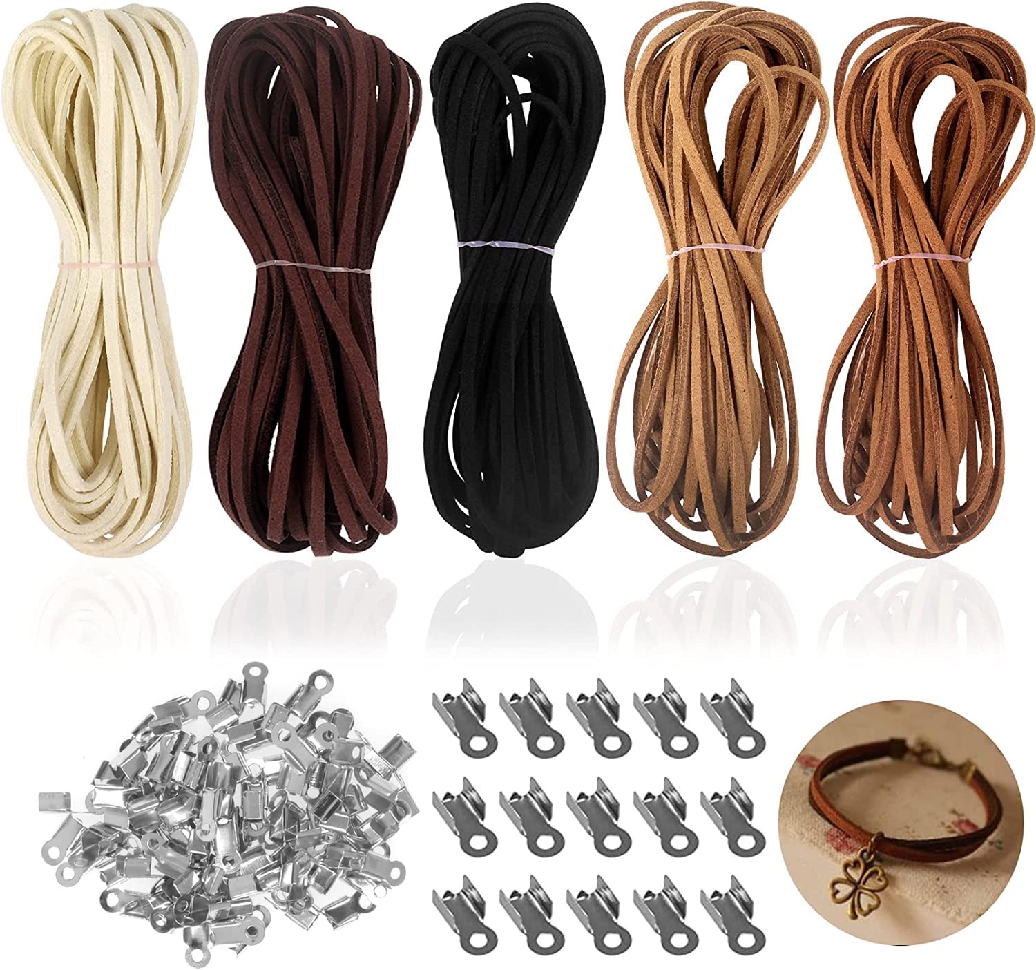 25M Faux Suede Cord for Jewellery Making, 100 Pcs Clasp - Pliable Leather Thong, 5 Colors