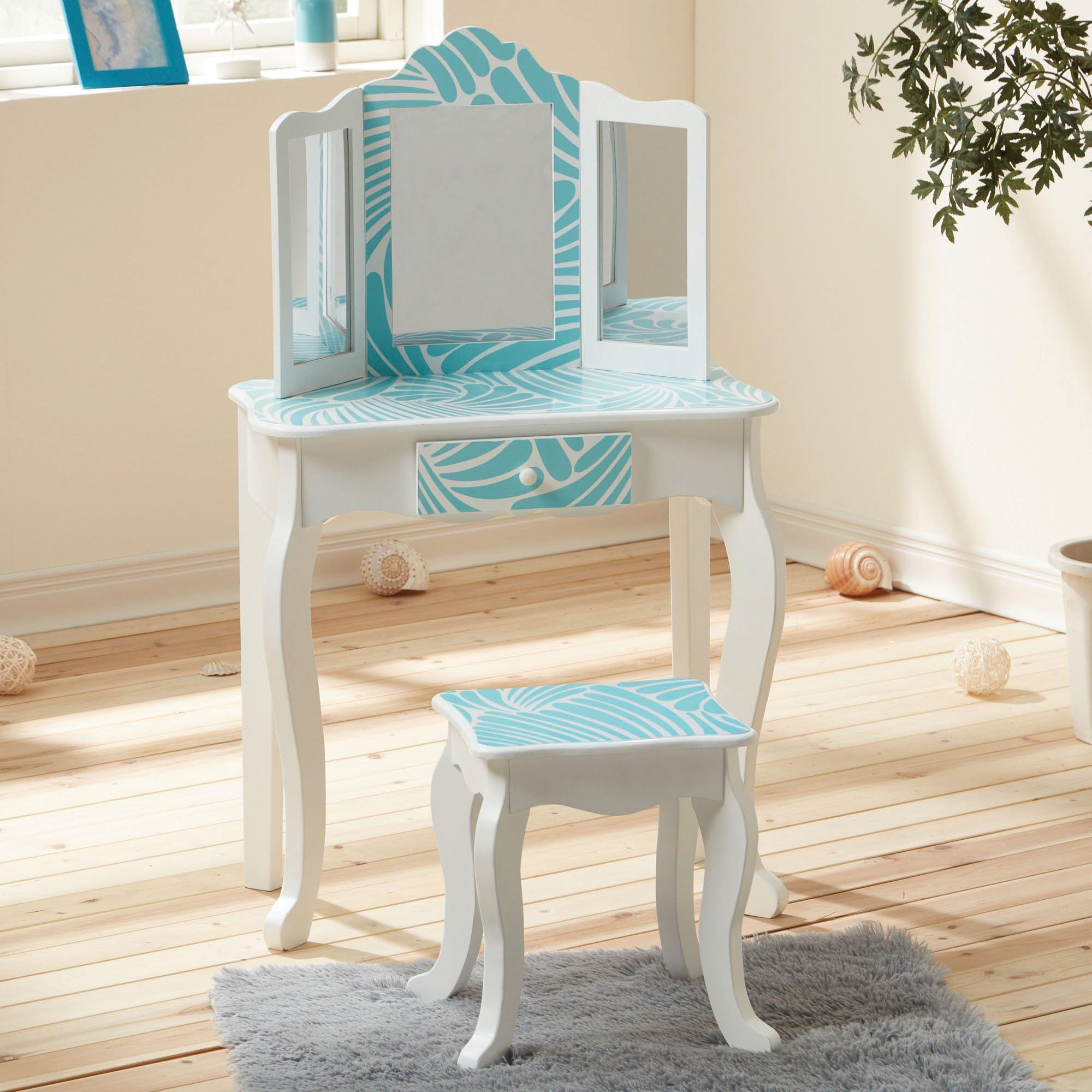 Fashion Prints Teamson Kids Tropical Vanity Table and Stool Set, Wood, Blue/White, 59.69 x 29.21 x 97.79 cm
