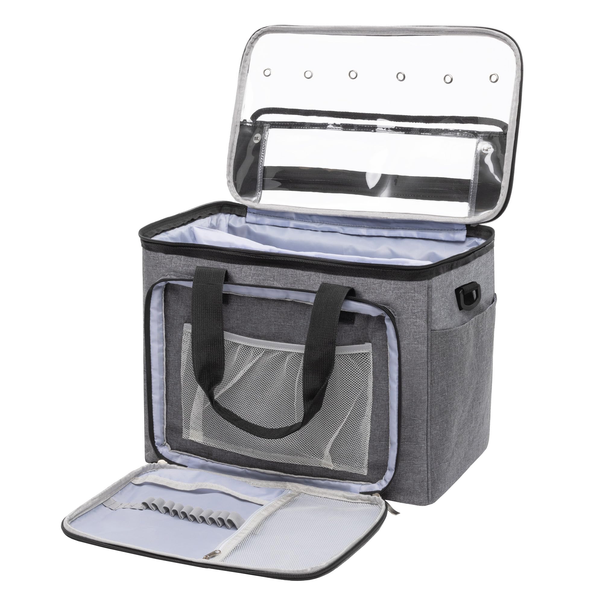 FiNeWaY Knitting Bag - Heavy Duty Wool Crochet Bag, Premium Yarn Crochet Storage Bag Organiser Wool Holder with Clear PVC Lid, Shoulder Strap & Compartments - Portable Knitting Storage Bag (Grey)