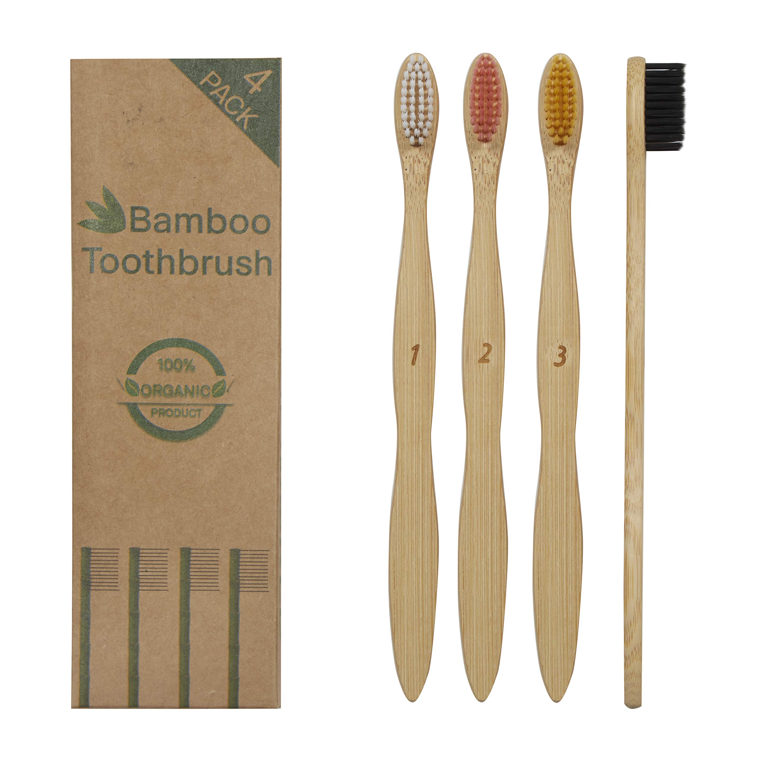 Bamboo Toothbrush, High Quality 4 Pack BPA Free Eco-Friendly Bamboo Toothbrush, Soft/Medium Bristles, 100% Recyclable by Planet 8