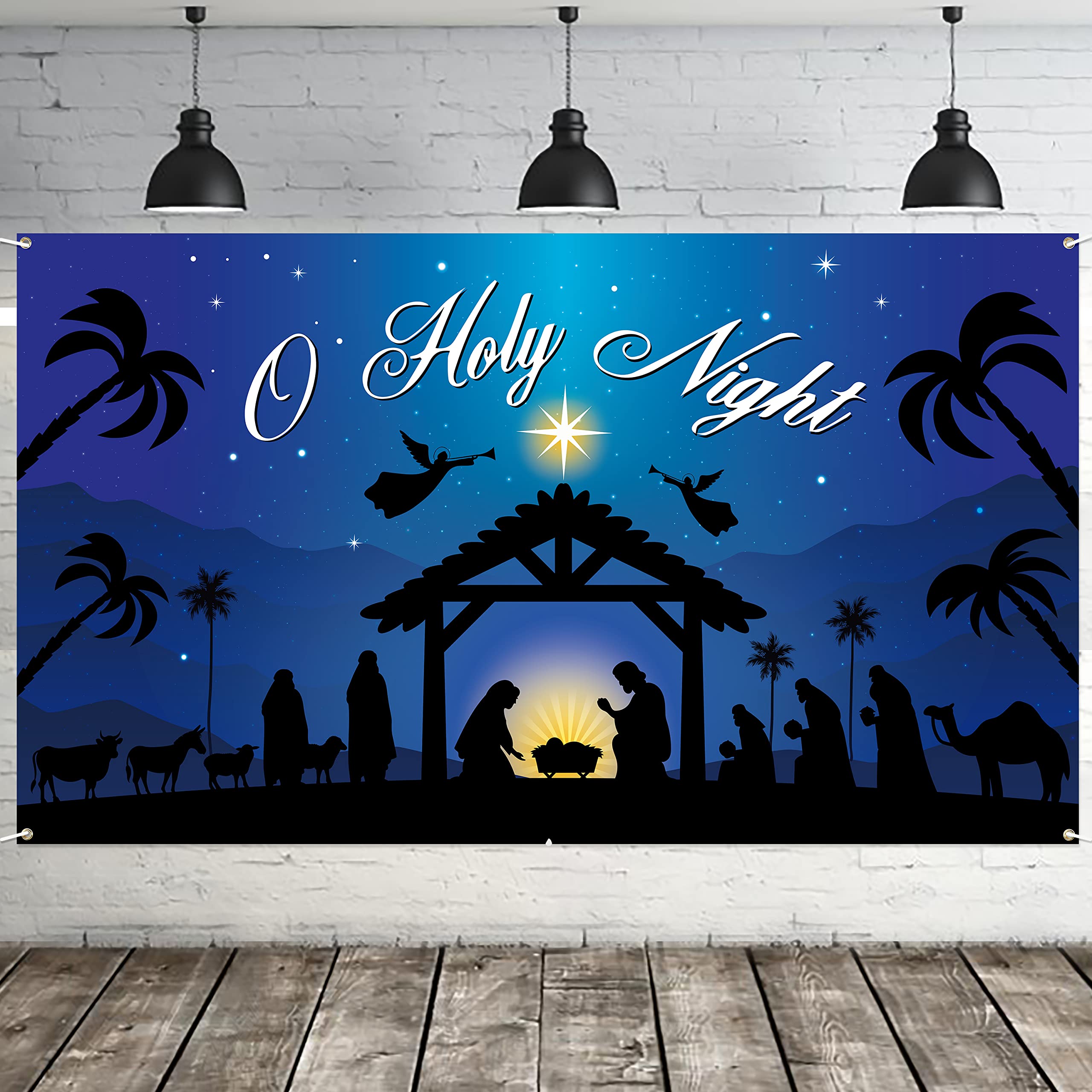 Blue Christmas Nativity Backdrop Banner - Merry Christmas Jesus Birth Banner - O Holy Night Religious Xmas Photo Booth Background for New Year Eve Party