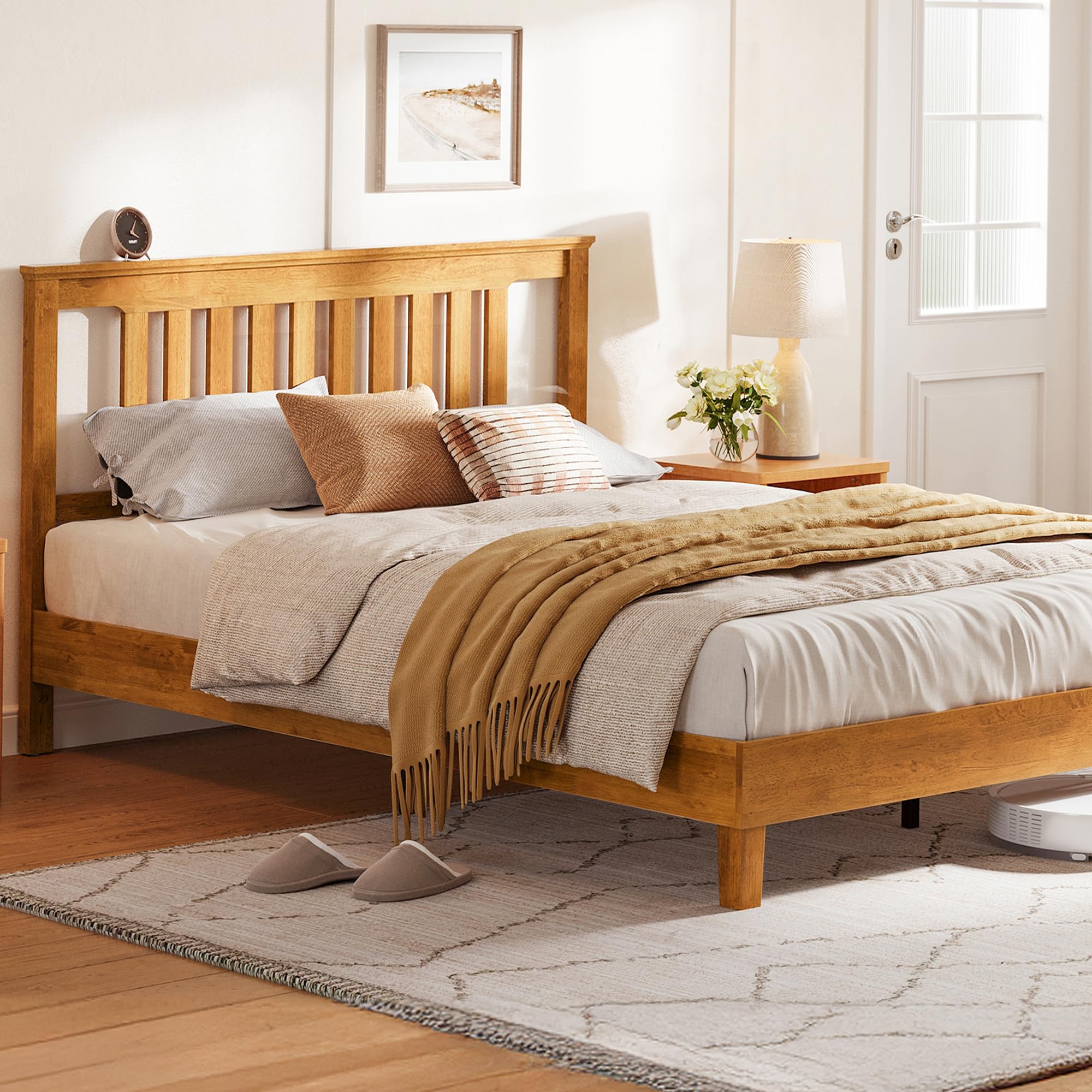 Photo 1 of ** NEW** LINSY Solid Wood Bed Frame, Full Bed Frames Wooden Platform Frame with Headboard and Slat Bases, Boho Bedframe No Box Spring Needed, Easy Assembly, Rustic Pine