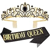 Black & Gold Party Decorations - Happy Birthday Crown Tiara Sash, Women's Party Supplies