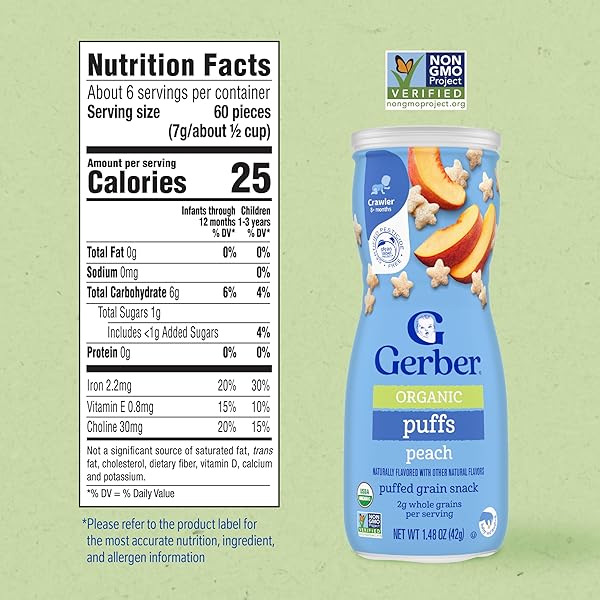 GERBER BABY SNACKS, ORGANIC PUFFS, PEACH, BABY FOOD, 1.48 OUNCE
