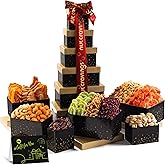 NUT CRAVINGS - Purim Mishloach Manot Dried Fruit & Mixed Nuts Gift Basket, Black Tower + Heart Ribbon (12 Assortments) Ramadan Gifts Food Arrangement, Healthy Snack Care Package, Kosher