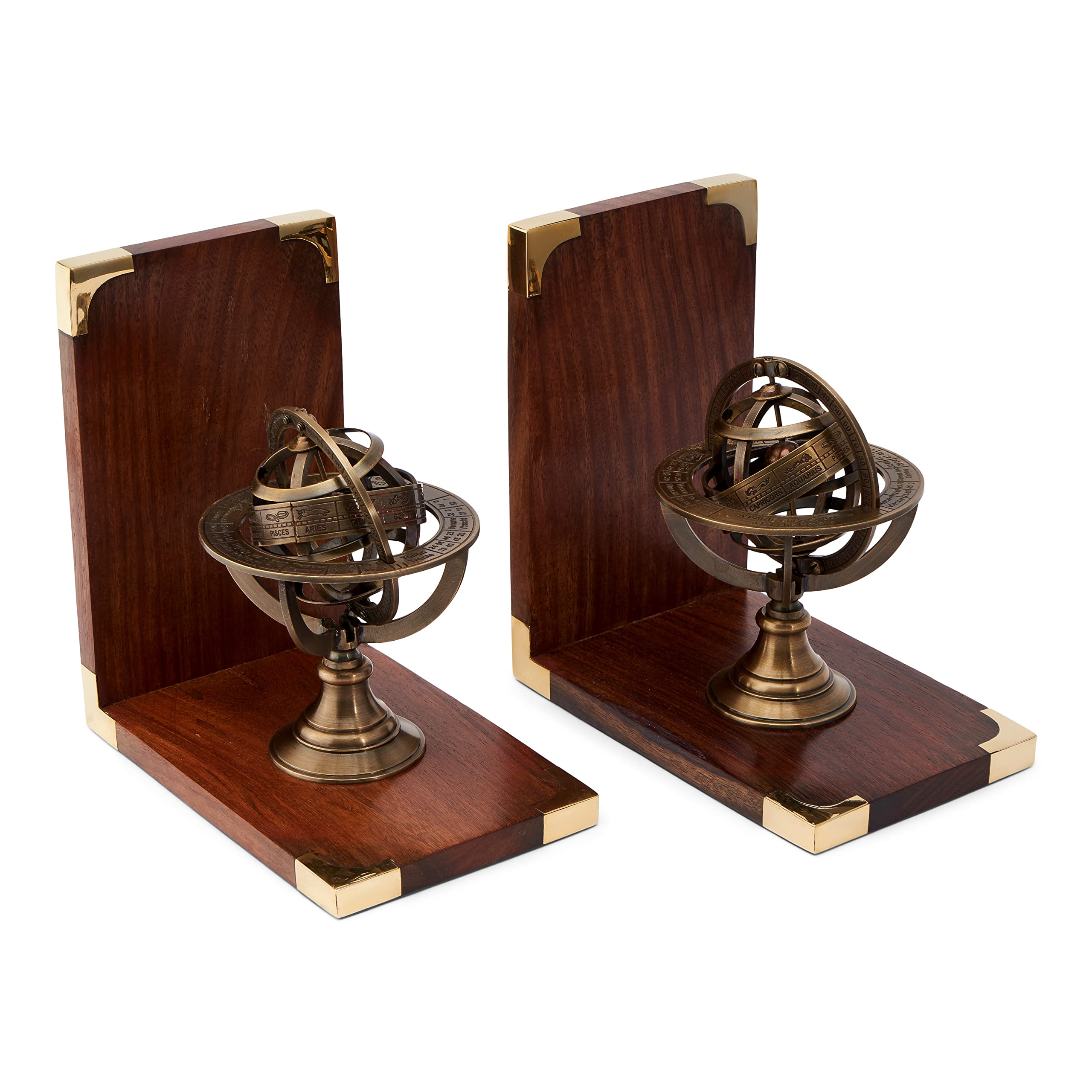 NKlaus 1 Pair of Maritime Bookends Armillary Sphere Made of Wood and Brass 16 x 17 x 10 cm Robust Book Holders with Maritime Flair for Your Bookshelf 11528