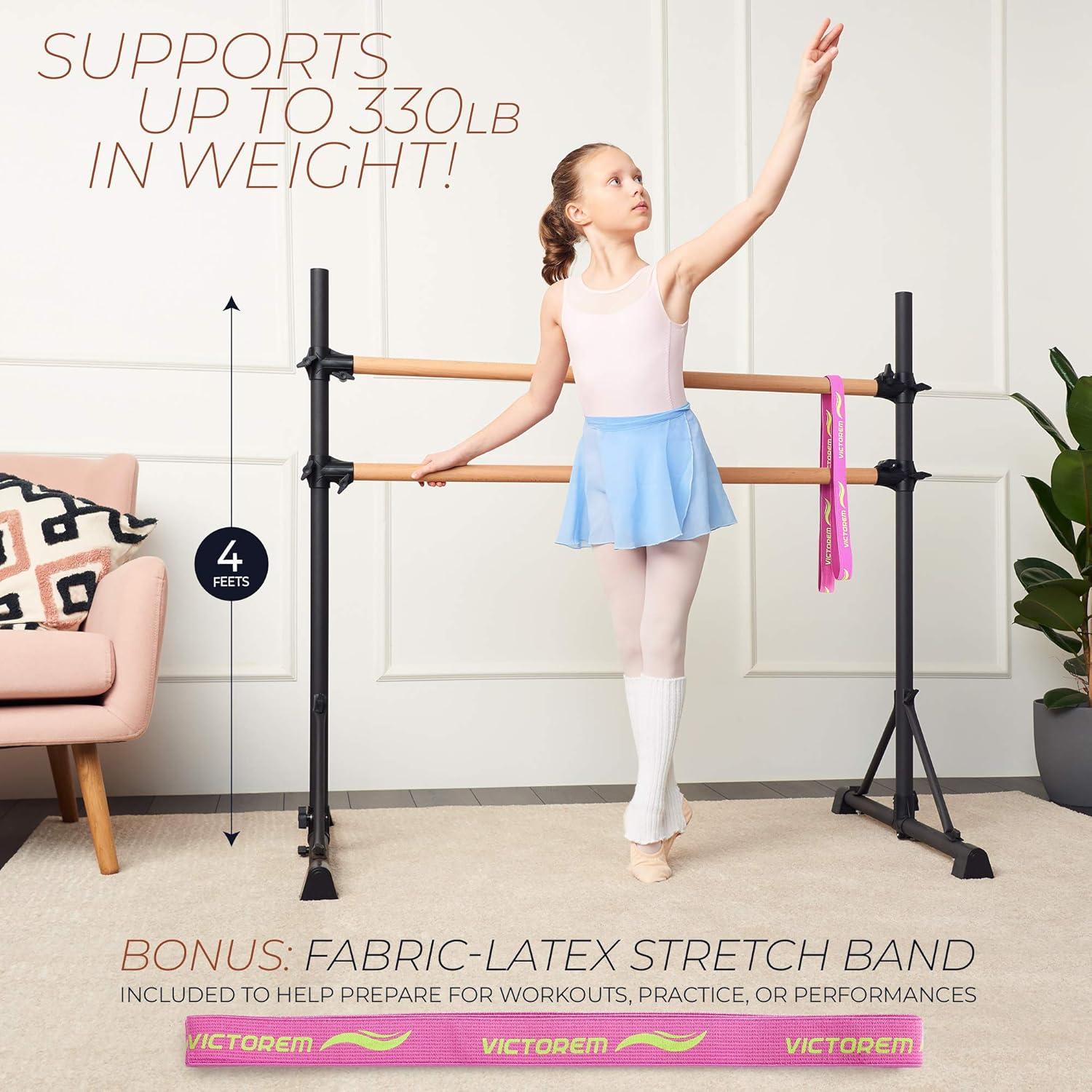 Victorem Portable Ballet Barre for Home - 4 FT. Ballet Bar for Ballet, Dancing or Stretching, Ballet Barres for Adults - Bonus Resistance Band Included : Sports & Outdoors