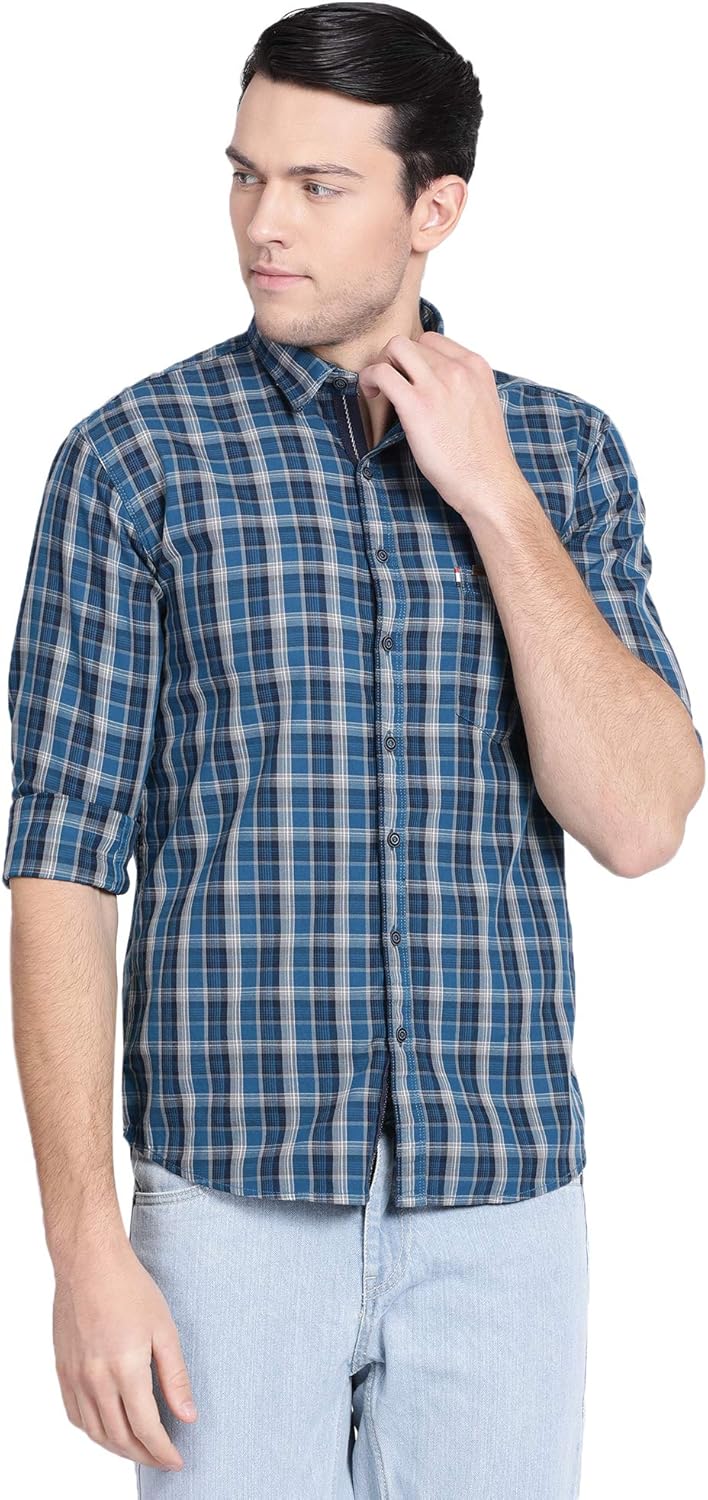 Buy Pan America Men's Checkered Slim Fit Casual Shirt (892122_40) Blue