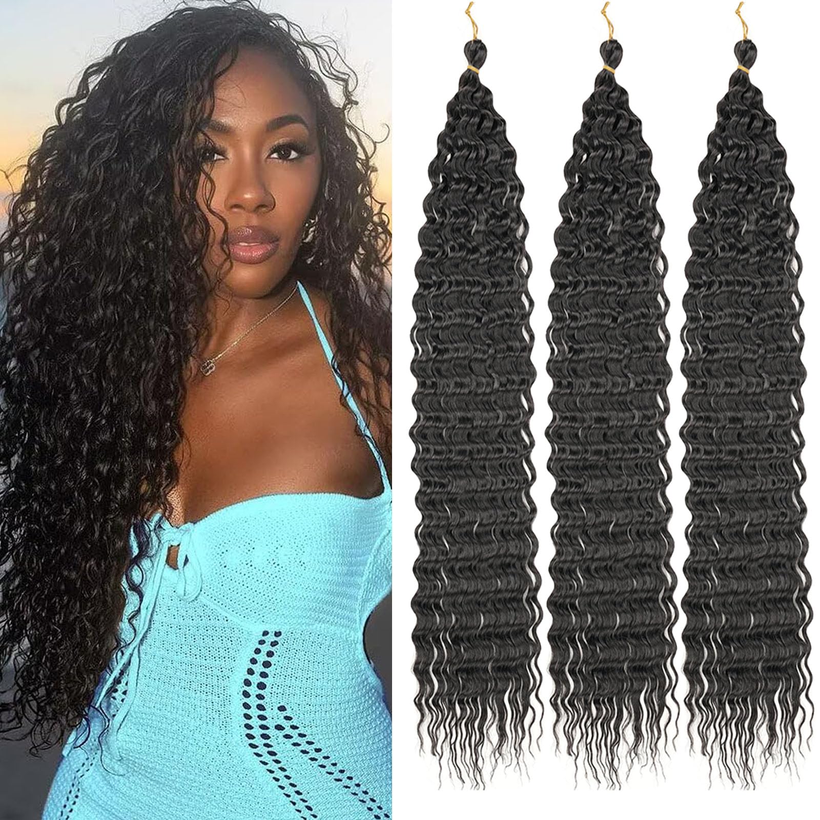 Samtress Ocean Wave Crochet Hair 24 Inch Curly Braiding Hair 3 Packs Deep Wave Crochet Hair Natural Black Wet and Wavy Braiding Hair For Boho Braids Hair Extensions (#1B) — image 1