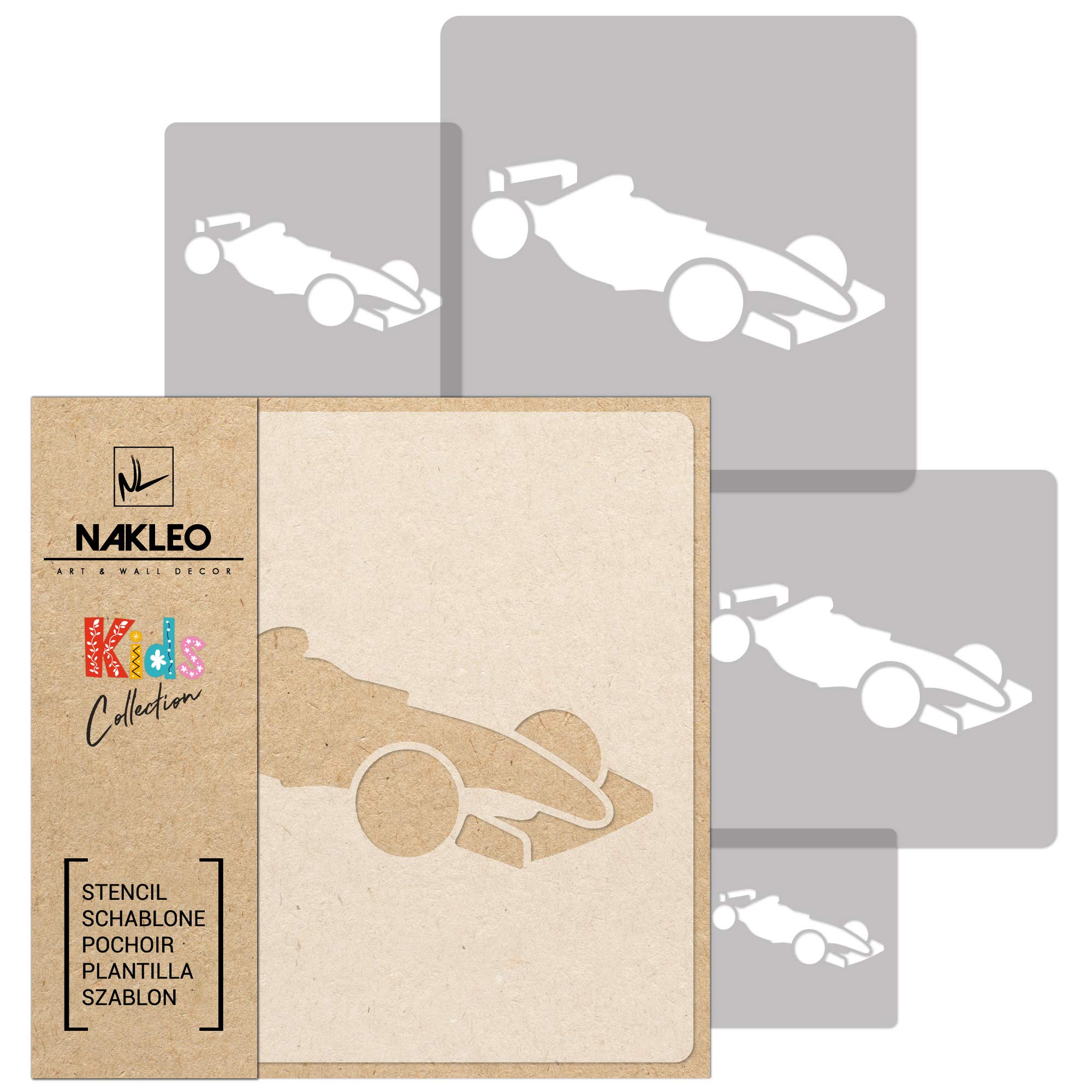 NAKLEO Painting Stencils Set for Nursery Room, 5 Pcs Templates 9x9 to 34x34cm Racing Car Bolide, Plastic and Reusable Drawing Stencils, Decor, Craft DIY Wall Furniture