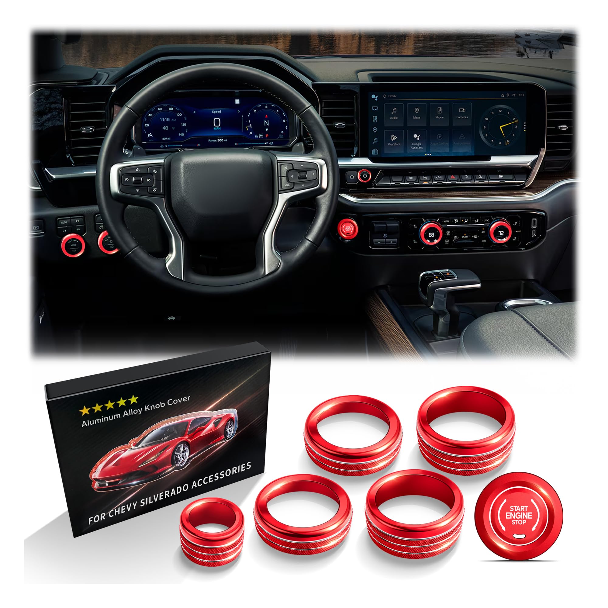 Photo 1 of Polodunn for 2022-2025 2026 Chevy Silverado 1500 Accessories & 2024-2025 Chevrolet Silverado 2500HD/3500HD, 7pcs Aluminum Alloy Knob Cover Trim Kit (Red) - Push Start, AC, Volume, Headlight & Mode