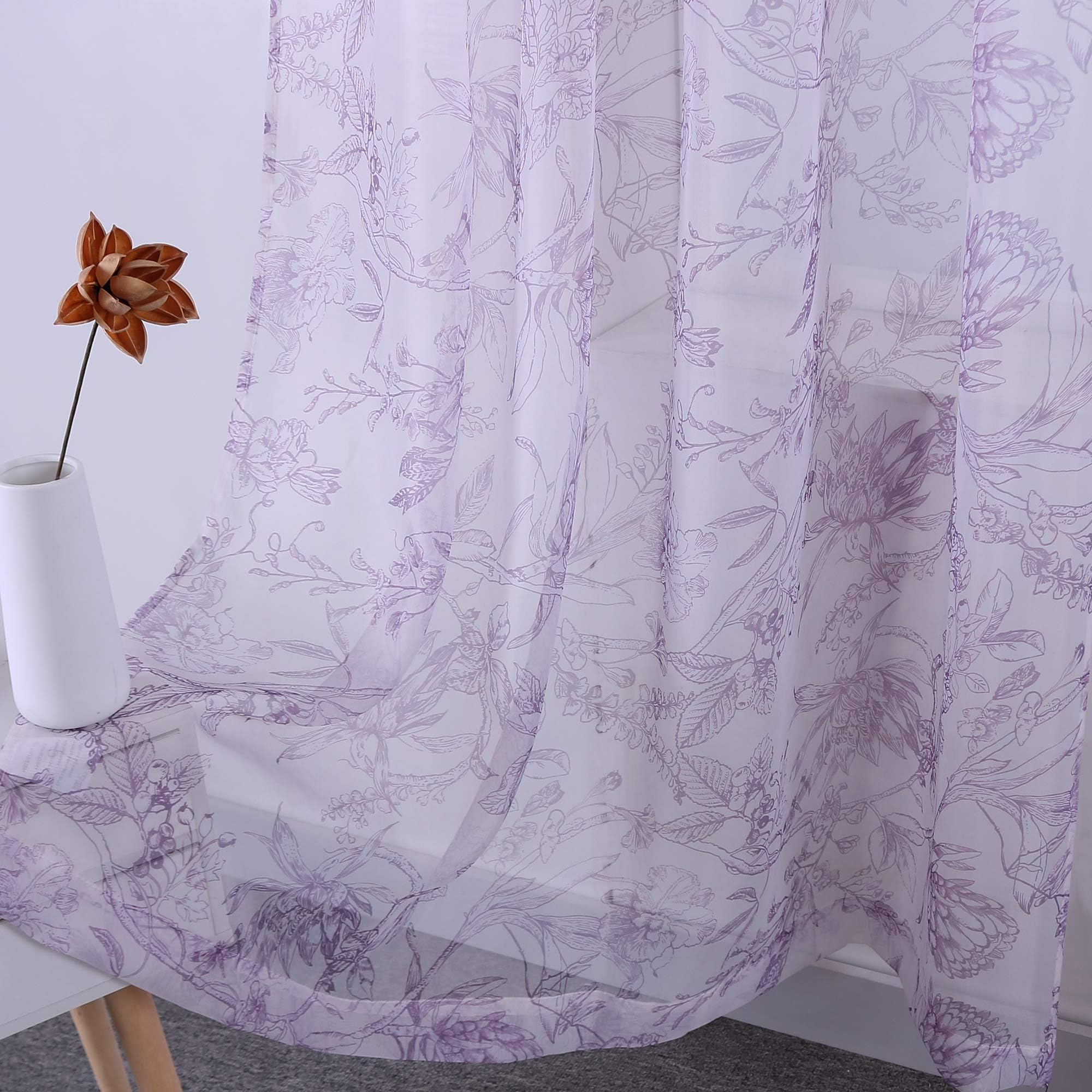 HOLKING Sheer Window Treatment Curtains with Floral Design Printing, 2 Panels 63 Inch Length Window Drapes for Bedroom, Lavender Purple