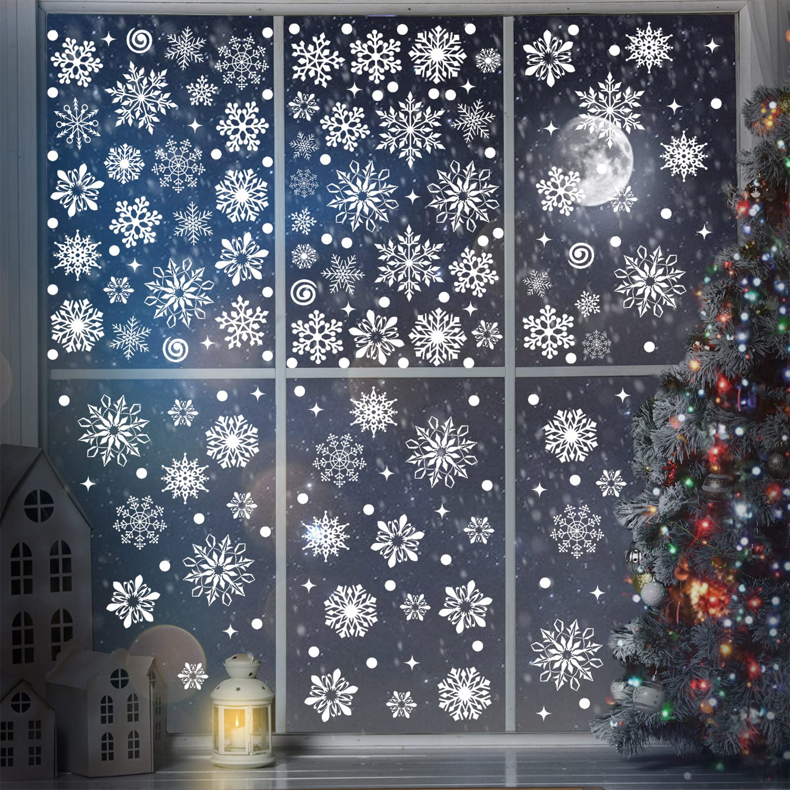 Outus 570 Pieces Snowflake Window Clings Winter Window Clings Christmas Snowflake Decal Stickers Decorations for Christmas Theme Party New Year Supplies, 12 Sheets(White)