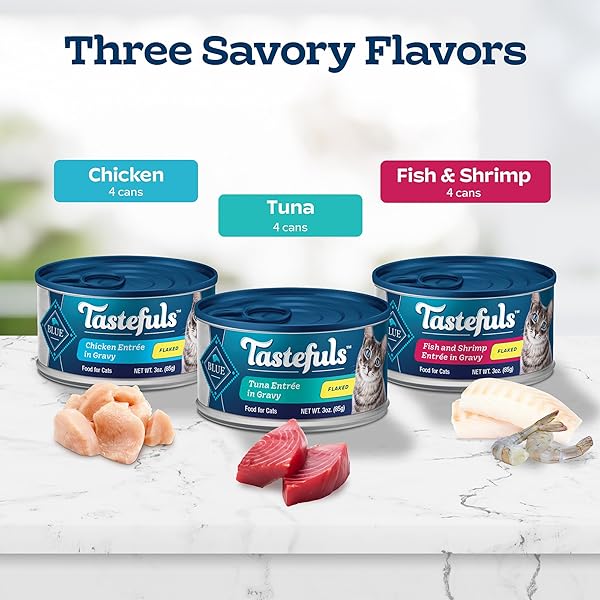 BLUE BUFFALO TASTEFULS FLAKED WET CAT FOOD VARIETY PACK, MADE WITH NATURAL INGREDIENTS, TUNA, CHICKEN, FISH & SHRIMP, 3-OZ CANS (12 COUNT, 4 OF EACH)
