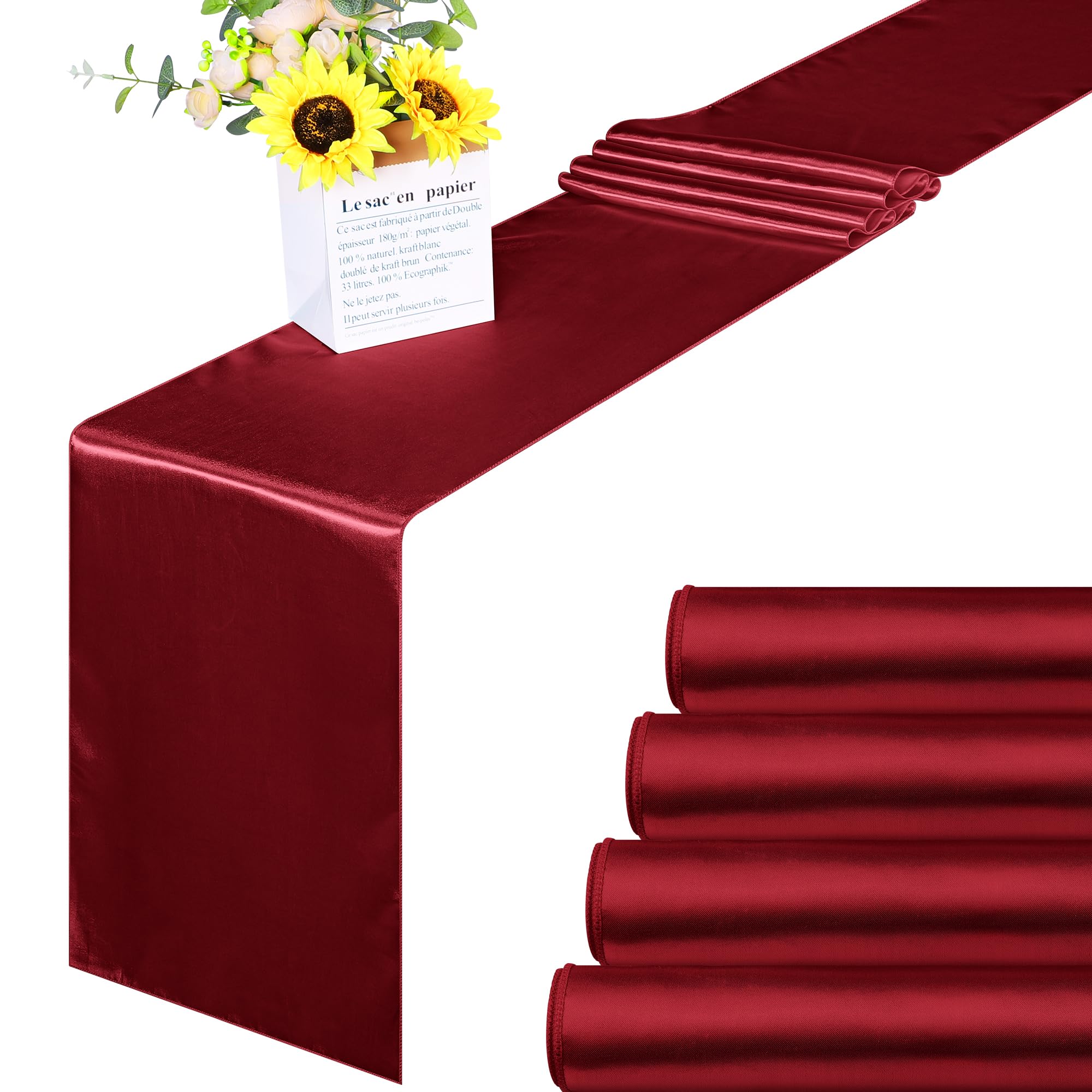 Photo 1 of ANECO 4 Pack Satin Table Runner 12 x 108 Inch Long Bright Silk and Smooth Fabric Party Table Runner for Wedding Banquet Party Decoration
