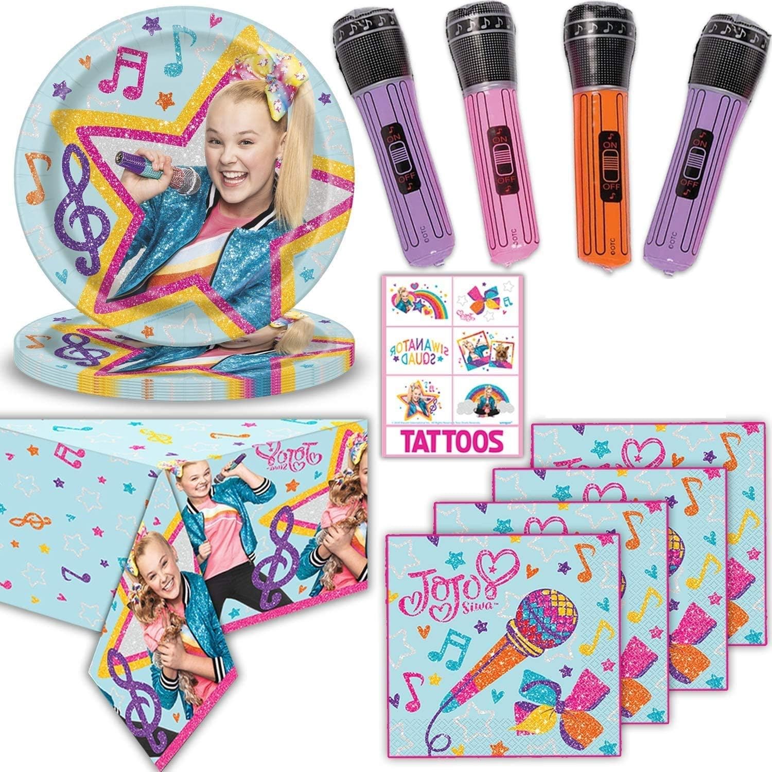 JoJo Siwa Girls Party Supplies 24 Servings - Large Plates, Napkins, Inflatable Microphones, Tables Covers, Temporary Tattoos - Great Birthday Party Tableware, Decorations and Favors