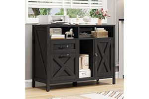 Vabches Lateral File Cabinet, Farmhouse 2 Drawer File Cabinet with Open Storage Shelf for Letter/Legal/A4 Size Hanging Files, Large Wood File Storage Cabinets Printer Stand for Home Office, Black