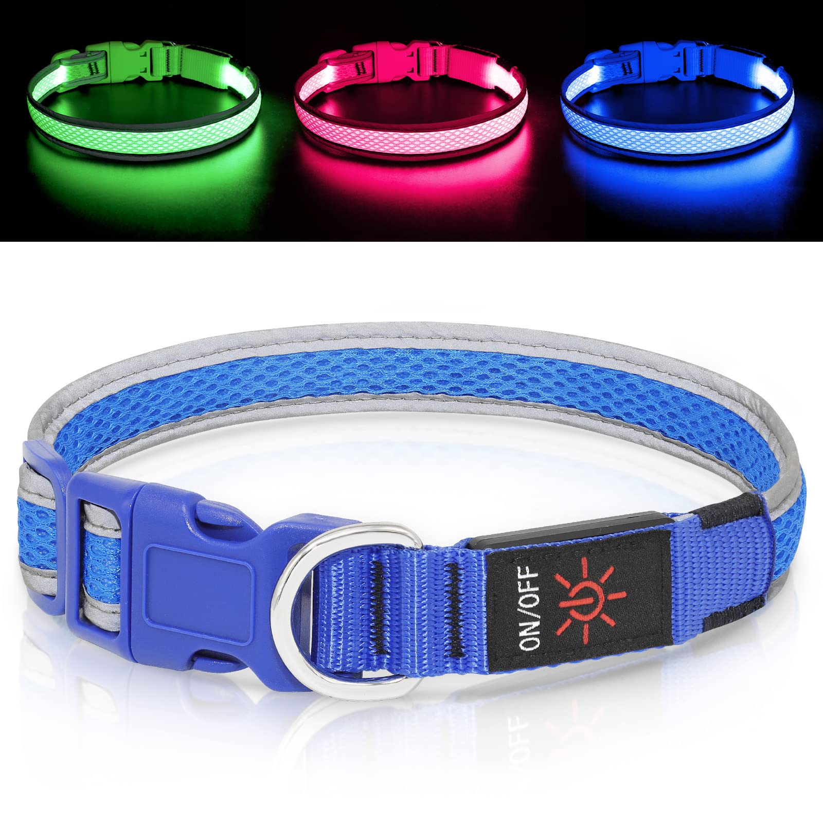 Bpawser LED Dog Collar light Up Dog Collars USB Rechargeable Adjustable Size MESH Webbing Glow Safety Basic Dog Collars for Large Medium Dogs(L, Blue)