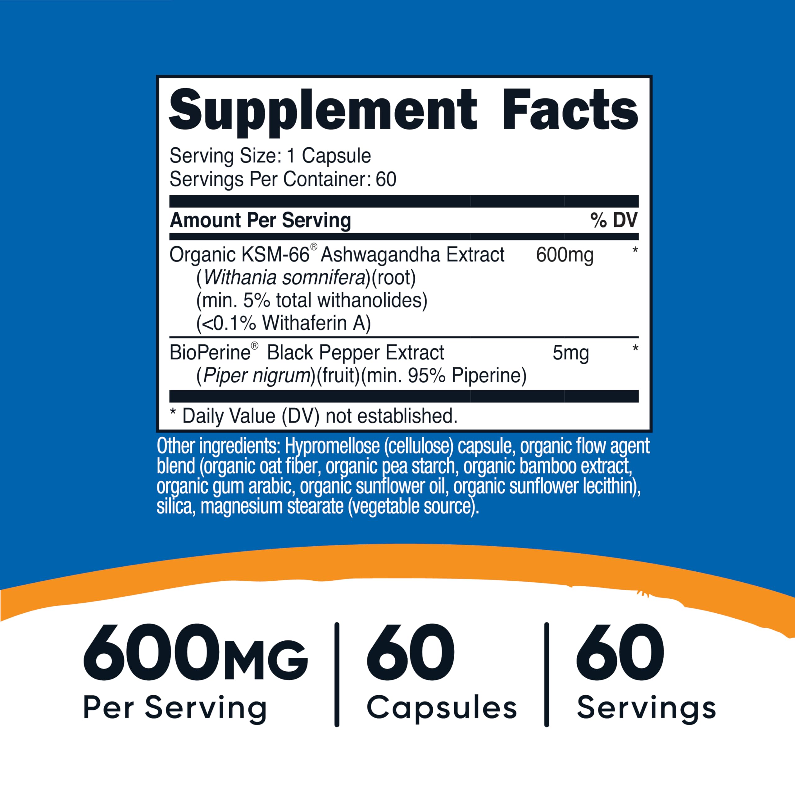 Nutricost KSM-66 Ashwagandha Root Extract 600mg, 60 Veggie Caps - 5% Withanolides - with BioPerine - Full-Spectrum Root Extract
