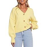 Balimtoy Womens V Neck Cropped Cardigan Lightweight Cute Puff Long Sleeve Button Up Relaxed Fit Fall Sweater Jacket