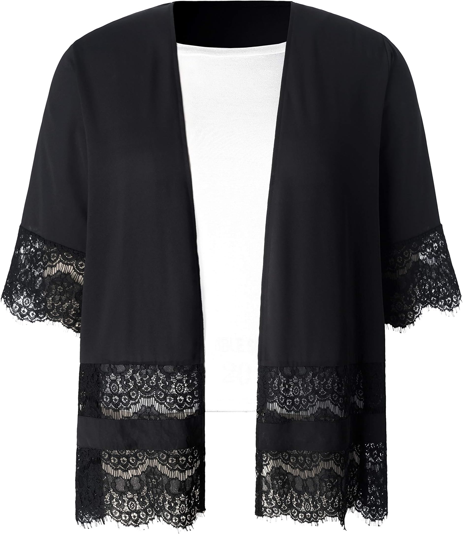 Chicwe Women's Plus Size Lace Trimmed Black Chiffon Shirttail Kimono Cover Up