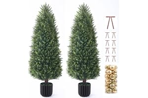 FOLIZEN 4FT Artificial Cedar Topiary Trees Set of 2, Extra Dense Foliage UV Resistant Fake Plants for Front Porch Christmas Decor, Lifelike Fake Trees Outdoor Indoor Home