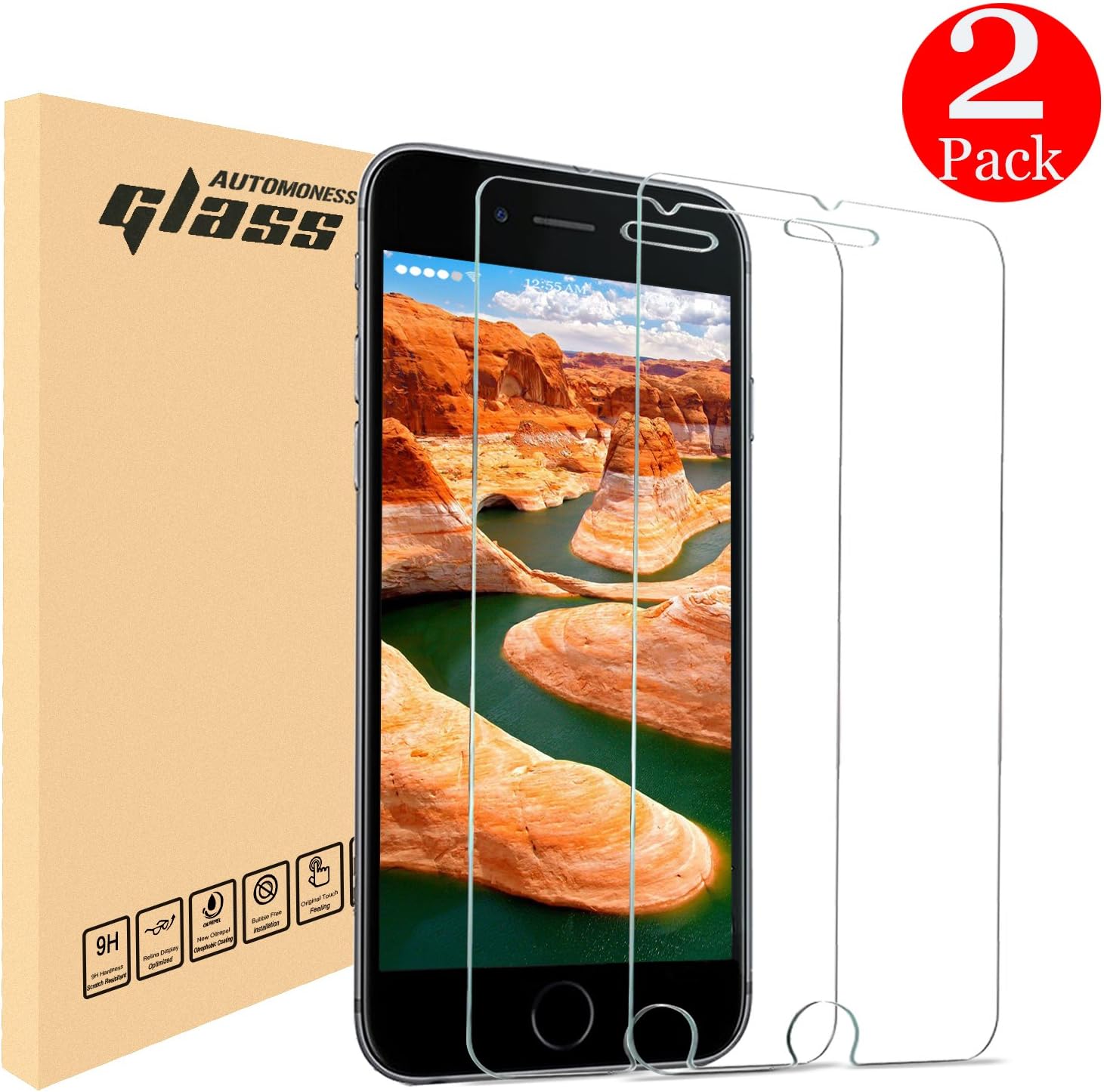 Automoness KKA102807 9H HD Ultra Clear Anti-Bubble Tempered Glass Screen Protector for Apple iPhone 8/7/6S/6-2 Piece