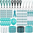 Yexiya 202 Pcs Cancer Awareness Gift Set, Include Ribbon Pin Pen Bracelet Keychain Balloon for Domestic Violence Awareness Ovarian Cervical Cancer Mental Health Product Item(Teal)