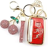 Rayslesan Sparkly Key Fob Cover with Cherry Keychain, Bling TPU Smart Key Case for Women, Compatible with Land Rover LR2 LR4 Range Rover Discovery Jaguar XJ XF XK (5-Button, Gold Red)